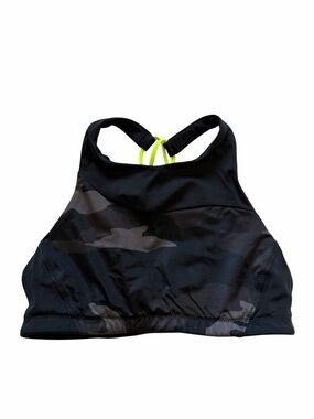 Athleta Black Camo High-Neck Sports Bra with Neon Yellow Strap